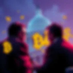 A group of lawmakers discussing changes to cryptocurrency tax policies, with Bitcoin and stablecoin symbols in the background