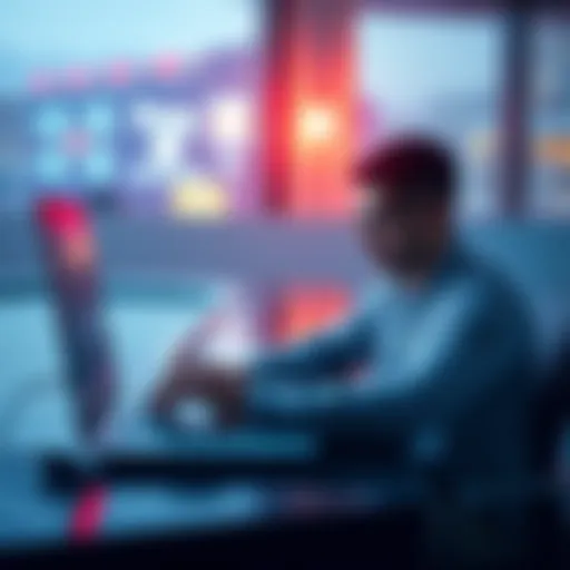 A person setting up a secure proxy on a laptop to connect to a public pool while ensuring security measures are in place.