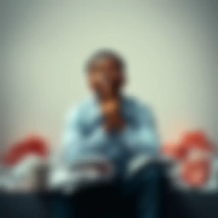 A person sitting alone with a worried expression, surrounded by crumpled papers and a coffee cup, symbolizing regret over bad decisions.