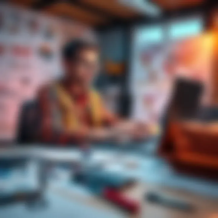 A graphic designer working on a laptop, exploring options for a content management system for a construction website, surrounded by design sketches and samples.