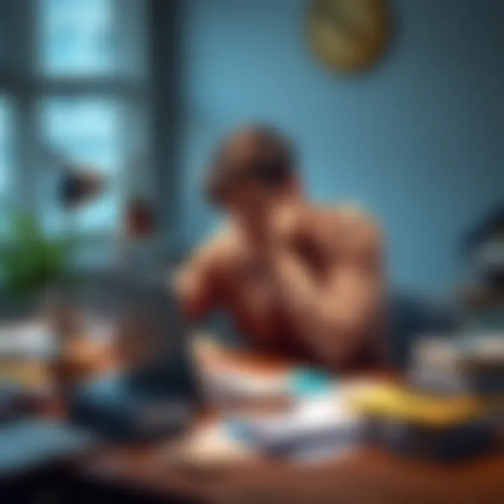 A 24-year-old sitting at a desk, looking at a laptop with study materials scattered around, showing signs of stress while pondering education options.