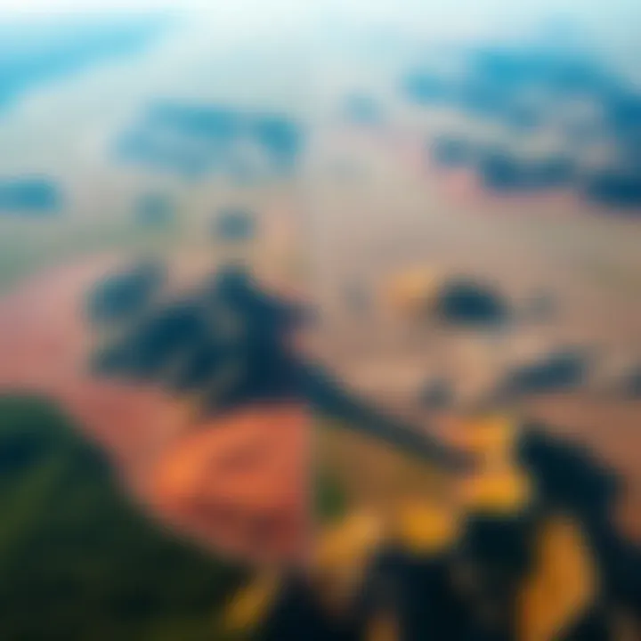 Aerial view showing two distinct land areas with different vegetation, one lush and green, the other dry and barren, highlighting their geographical differences.