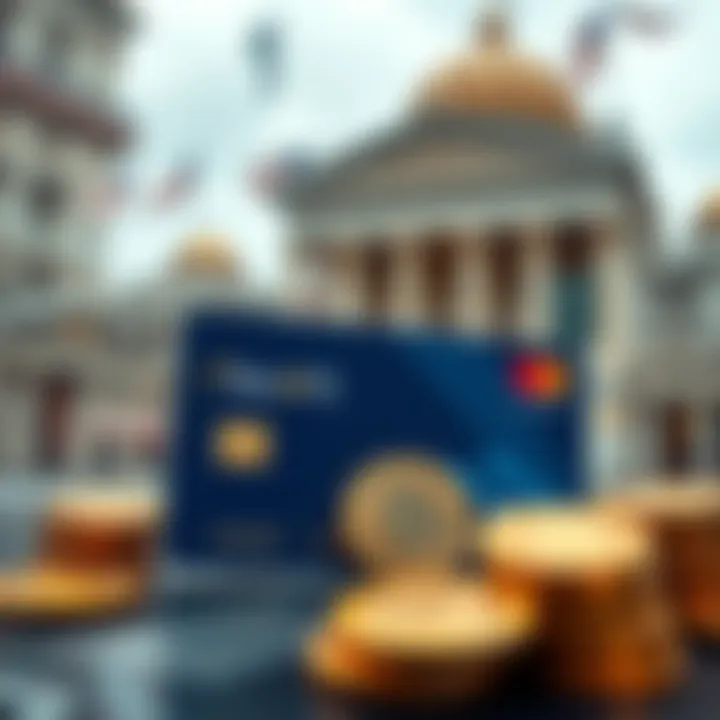 A graphic showing stablecoins and corporate cards with a backdrop of banks and government buildings, representing the control of money in modern transactions.