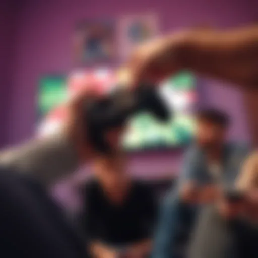 A close-up of a gaming controller being handed from one person to another during a gaming session, symbolizing shared experiences.