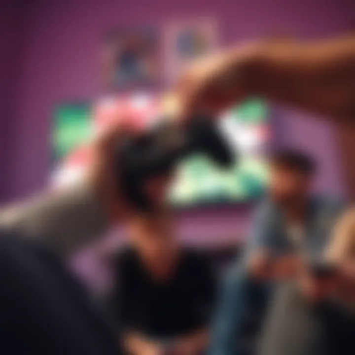 A close-up of a gaming controller being handed from one person to another during a gaming session, symbolizing shared experiences.