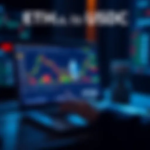 A person using a laptop to convert Ethereum to USDC, showing charts and digital currency symbols on the screen.