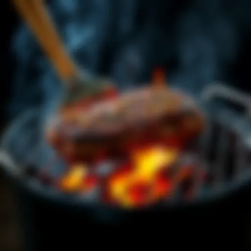 A Tomahawk steak grilling on a Weber kettle with smoky flames and charcoal