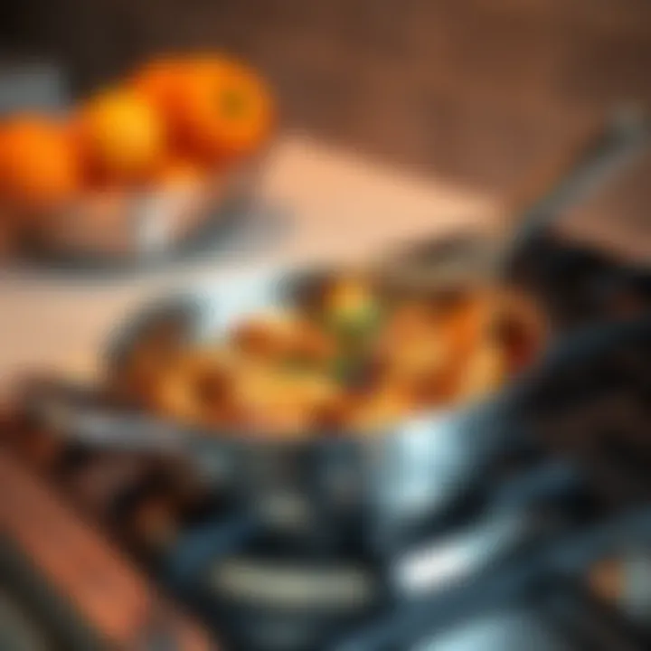 A stainless steel Demeyere 7 pan on a stove with a delicious dish inside after 20 minutes of cooking at 74F.