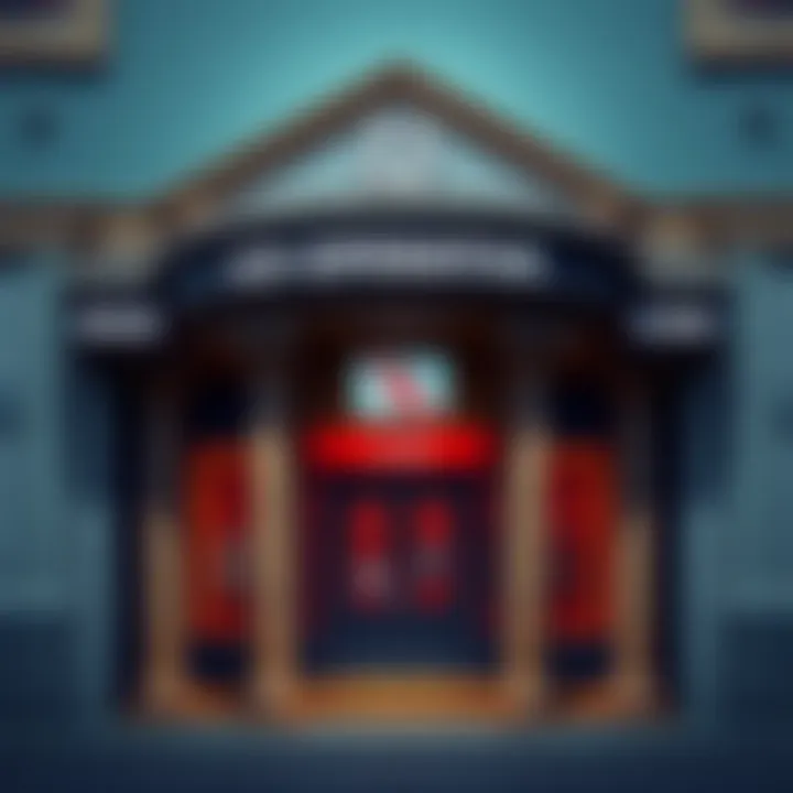 A bank building with a 'No Cryptocurrency' sign on the entrance, signaling new rules against Bitcoin payments