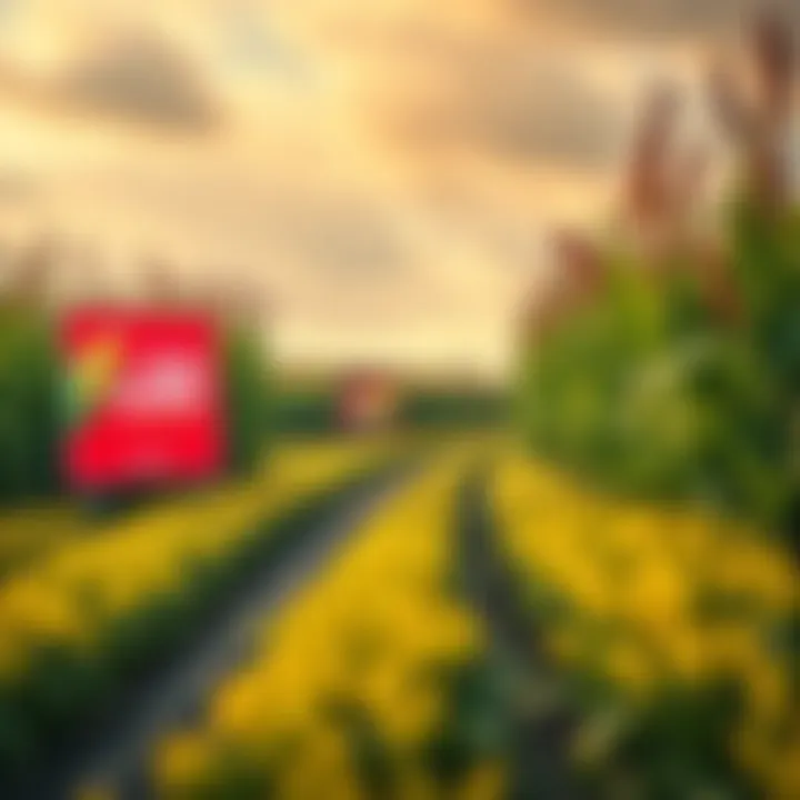 Corn Advertisement Concept A vibrant cornfield with colorful advertisements promoting corn products displayed along a rural road.