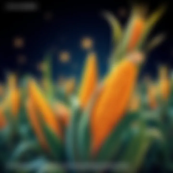 A playful illustration of corn ears with Bitcoin symbols, reflecting the humorous connection between corn and cryptocurrency discussions on forums.