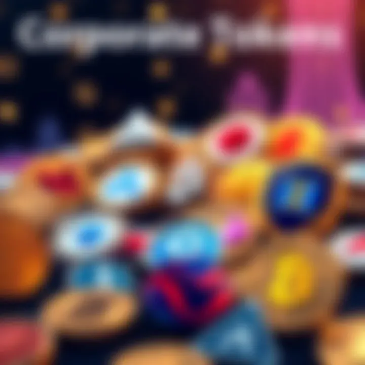 Illustration of major company logos surrounded by digital coins representing cryptocurrency tokens