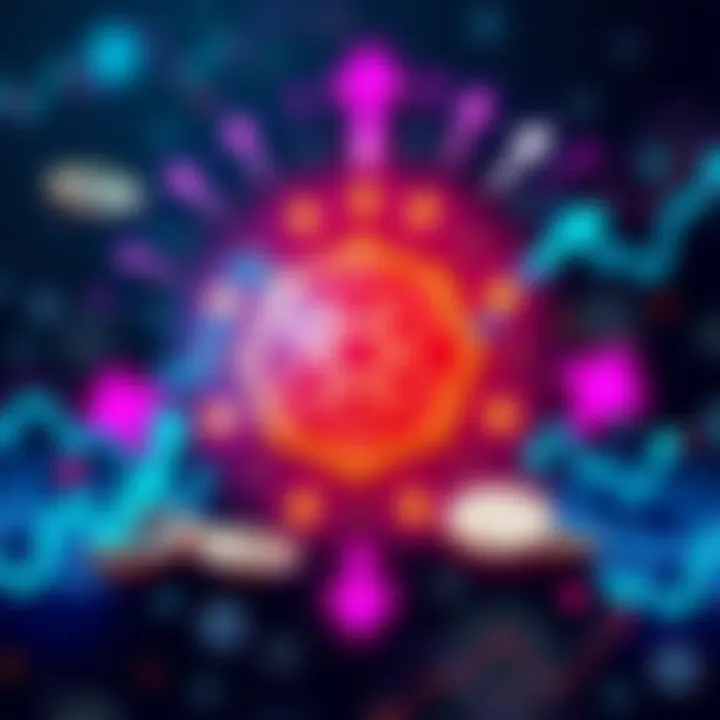 The Cosmos logo surrounded by symbols representing finance such as charts, coins, and arrows, illustrating its role in institutional DeFi