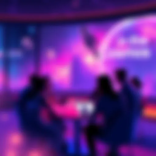 Group of people engaging in a discussion about interchain projects and tokens in a cosmic-themed setting.