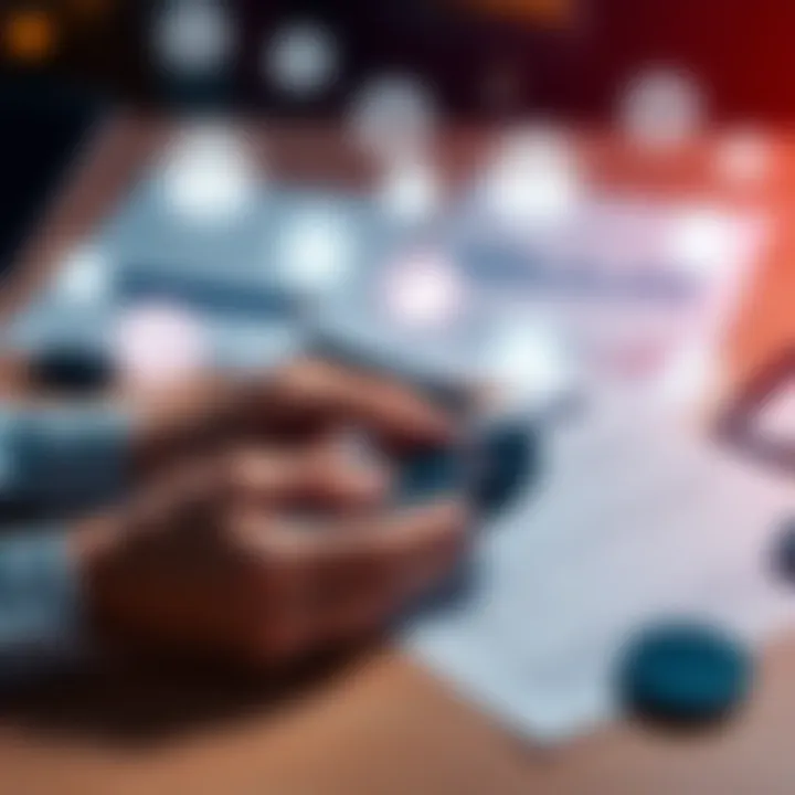 A person calculating their cost basis with a calculator and papers on a desk, surrounded by digital wallet icons.