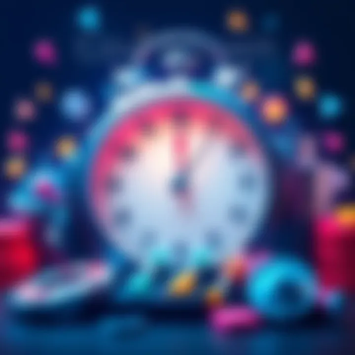 A clock ticking down with game elements like mini games and badges around it, symbolizing excitement and urgency to engage before the chance ends.