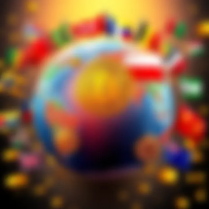 A globe with flags of different countries and Bitcoin symbols, illustrating the global rush for Bitcoin reserves.