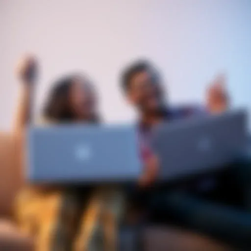 A happy couple with laptops celebrating their Bitcoin investment success and showing their portfolio growth picture on the screen.
