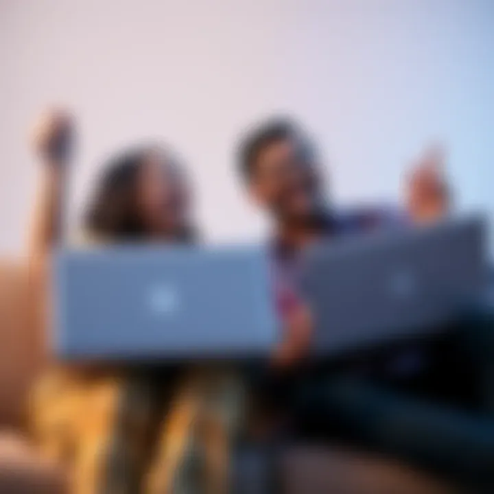 A happy couple with laptops celebrating their Bitcoin investment success and showing their portfolio growth picture on the screen.