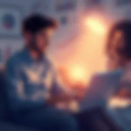 A young couple sitting together with a laptop, discussing Bitcoin and financial concepts, surrounded by charts and graphs.