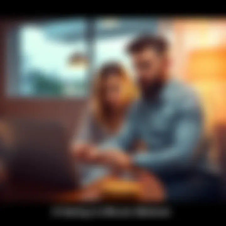 Man and woman sitting at a table looking at a laptop showing Bitcoin charts, with concerned expressions on their faces.