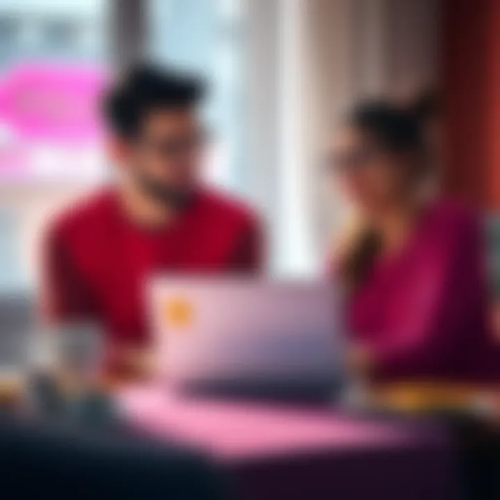 A couple sitting at a table, talking about Bitcoin with a laptop open showing charts