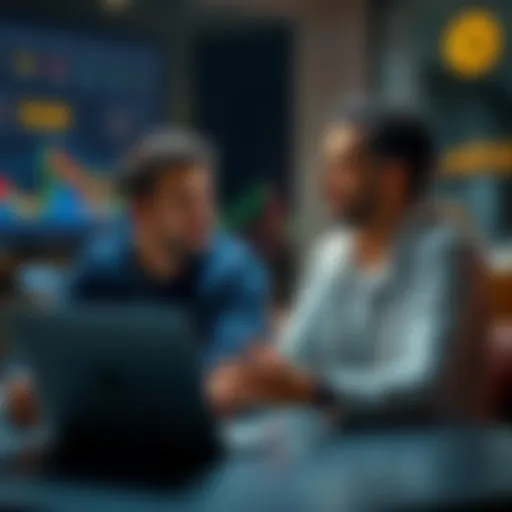 A couple sitting at a table, engaged in a conversation about Bitcoin and cryptocurrency, with a laptop and financial charts visible in the background.