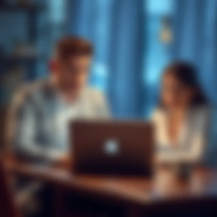 A distressed couple sitting at a table with a laptop, expressing concern over stolen wedding savings. They appear shocked and saddened as they discuss their financial loss.