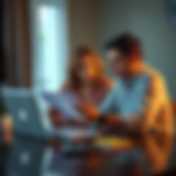 A couple sitting at a table with a laptop open, looking upset and discussing financial papers related to cryptocurrency holdings, symbolizing marital tension due to wealth issues.