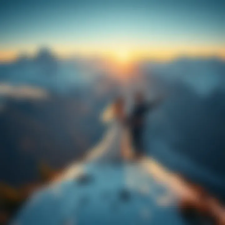 A couple standing on a mountain peak in the Swiss Alps, celebrating their elopement with stunning views of the snow-covered peaks