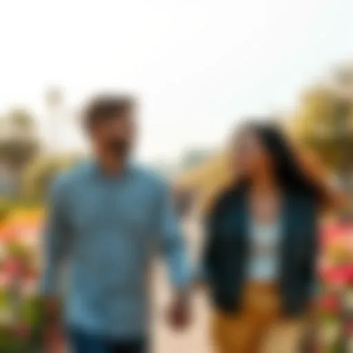 A couple smiling and holding hands while walking in a park filled with flowers