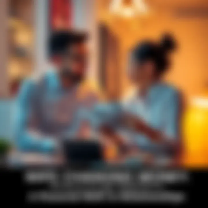 A couple sitting at a table with bills and a calculator, discussing their budget and financial decisions together.