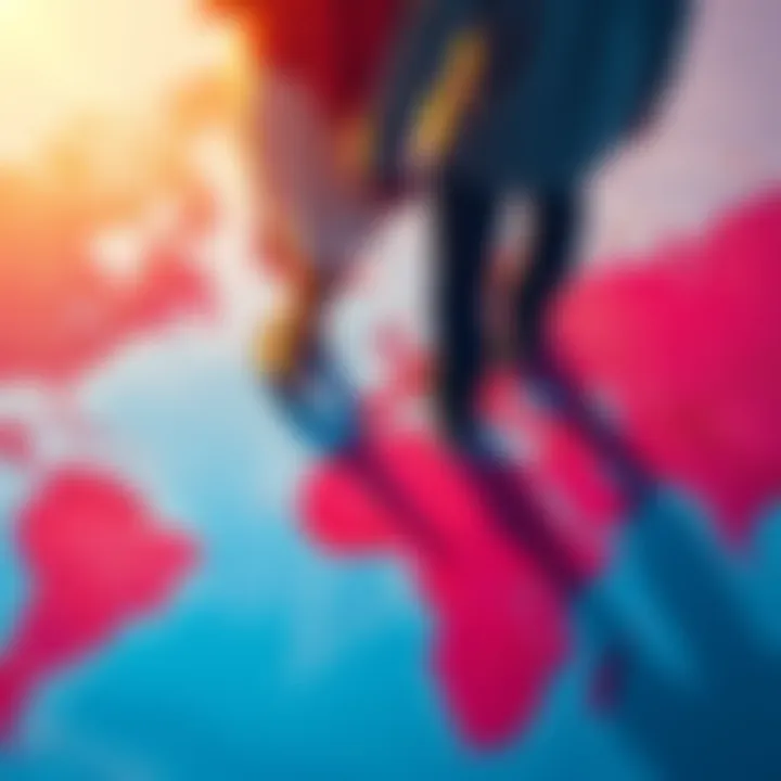A couple holding hands while standing on a world map, symbolizing love that crosses borders and cultures.