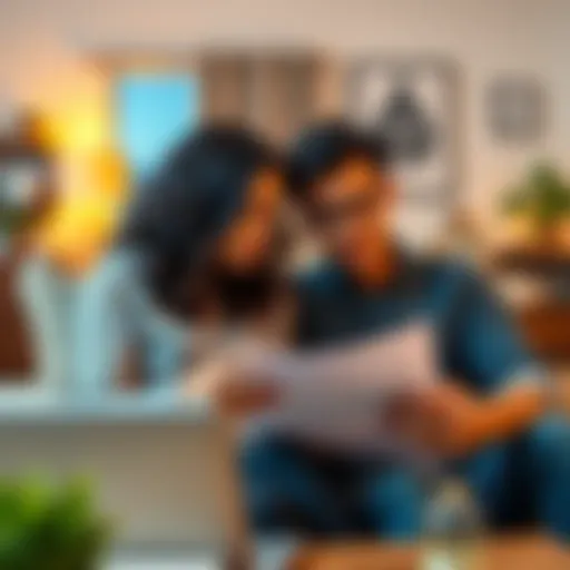 A couple sits together, looking anxious while holding paperwork related to their home purchase. They are in a cozy living room, glancing at a laptop that displays banking information. The atmosphere r...