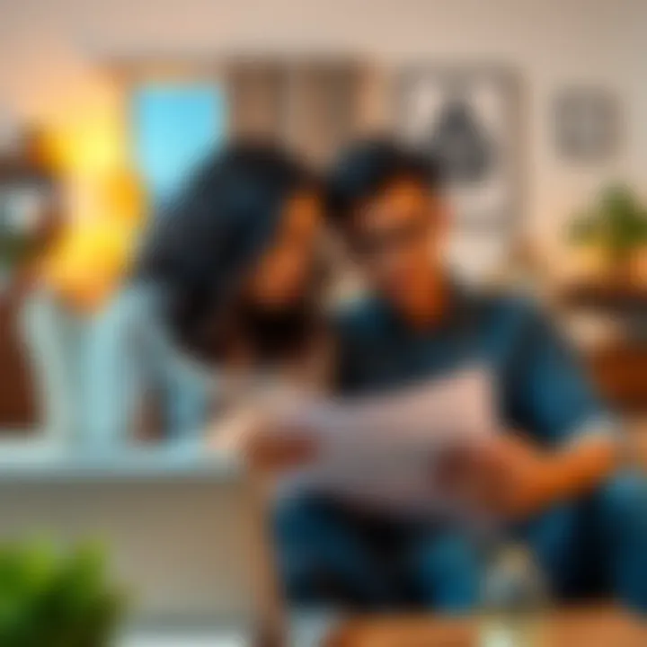 A couple sits together, looking anxious while holding paperwork related to their home purchase. They are in a cozy living room, glancing at a laptop that displays banking information. The atmosphere r...