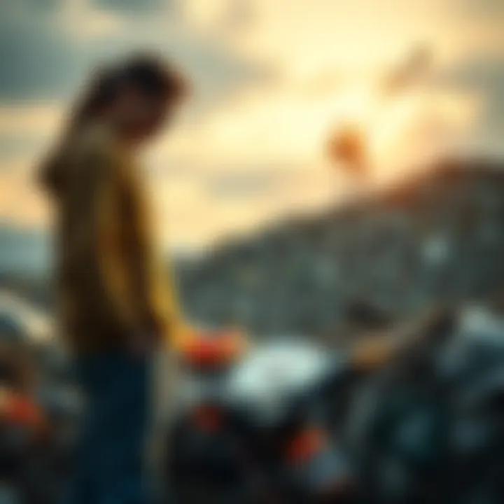 A young couple stands near a landfill, looking distressed as a hard drive lies among the trash, symbolizing a lost crypto investment.
