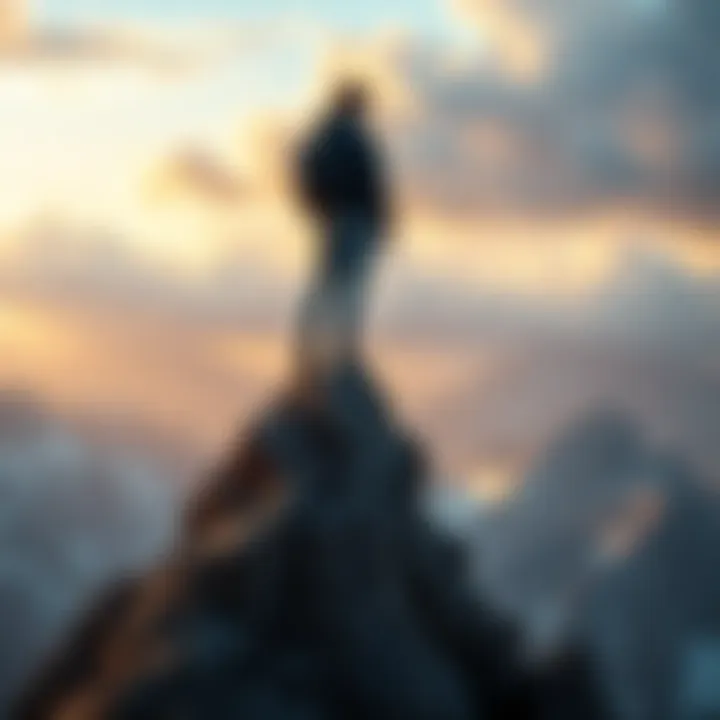 A person standing tall on a mountain peak, symbolizing courage and resilience in challenging times.