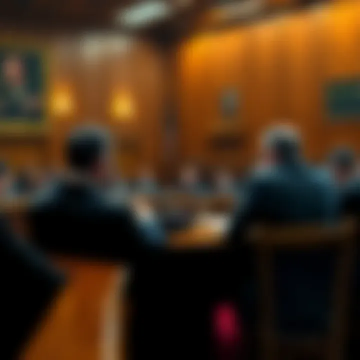 A courtroom scene showing a judge and attorneys arguing about a retrial request, with spectators in the background watching attentively.