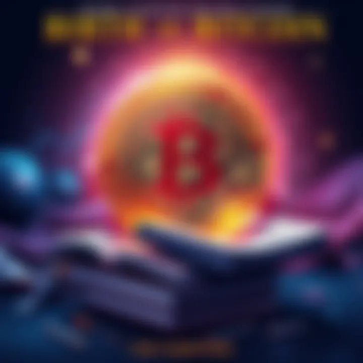 An illustration depicting Bitcoin's journey, featuring a digital coin, computer graphics, and books to represent the book 'Birth of Bitcoin'.