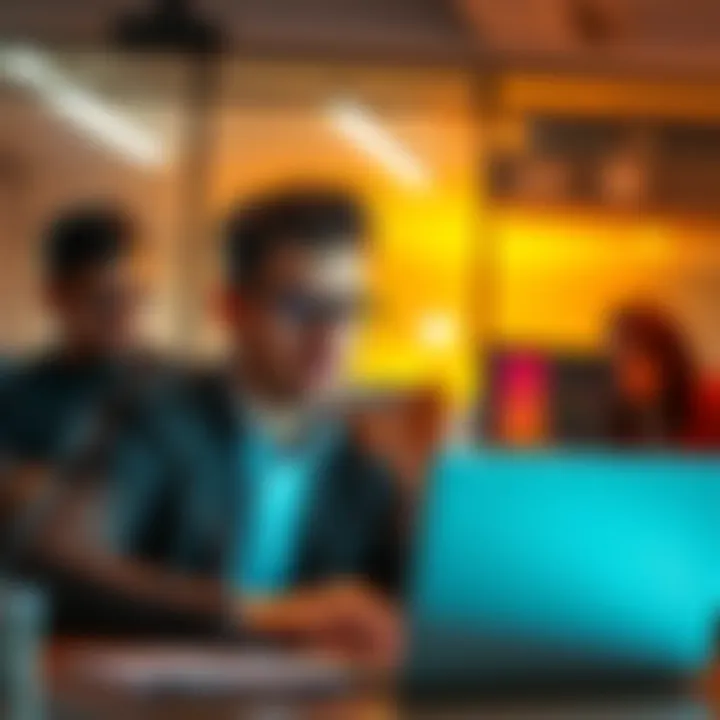A man confidently talking about cryptocurrency profits in an office setting while looking at his laptop, with a concerned colleague listening nearby.
