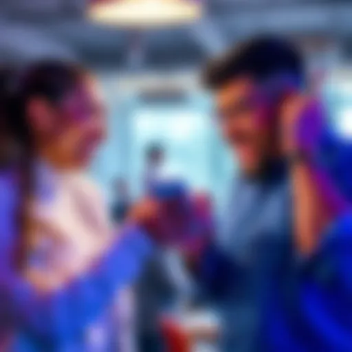 Two coworkers celebrating after seeing a successful cash payout from an app, looking at a phone with a PayPal notification
