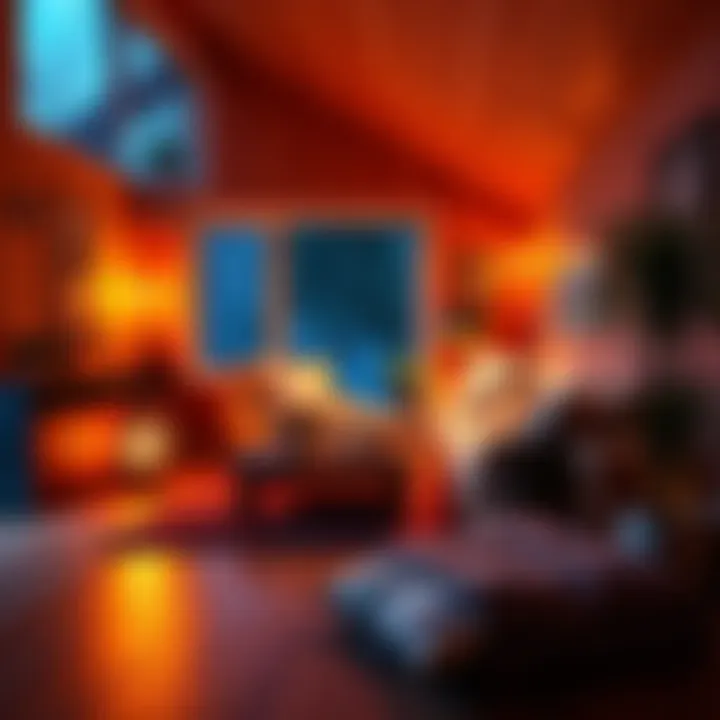 A warm living room featuring innovative heating solutions like a radiant floor, electric blankets, and plant-based heaters, creating a comfortable atmosphere during winter.