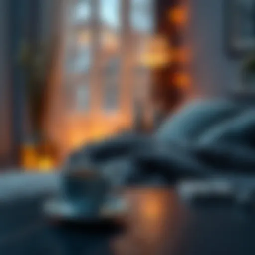 A peaceful room with soft lighting, a warm blanket, and a steaming cup of tea on a table, creating a relaxing atmosphere for a quiet evening.