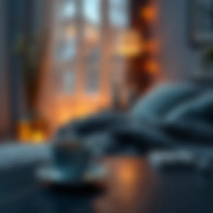 A peaceful room with soft lighting, a warm blanket, and a steaming cup of tea on a table, creating a relaxing atmosphere for a quiet evening.