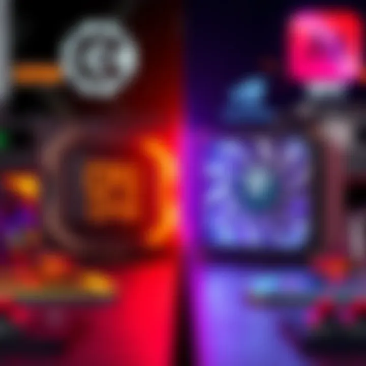 CPU and GPU Comparison for Gaming A side-by-side comparison of a high-performance CPU and a powerful GPU with gaming and editing symbols