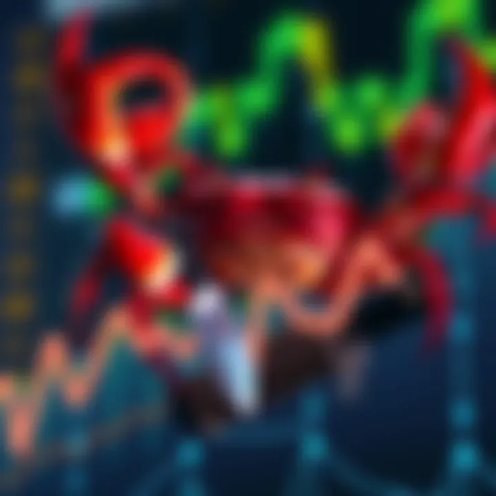 A crab with a knife on its claw climbing up a digital chart
