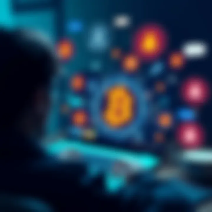 Creating Bitcoin Anonymously A person working on a laptop with a digital wallet interface, surrounded by anonymous communication tools like VPNs and encrypted messaging, symbolizing privacy in Bitcoin creation.