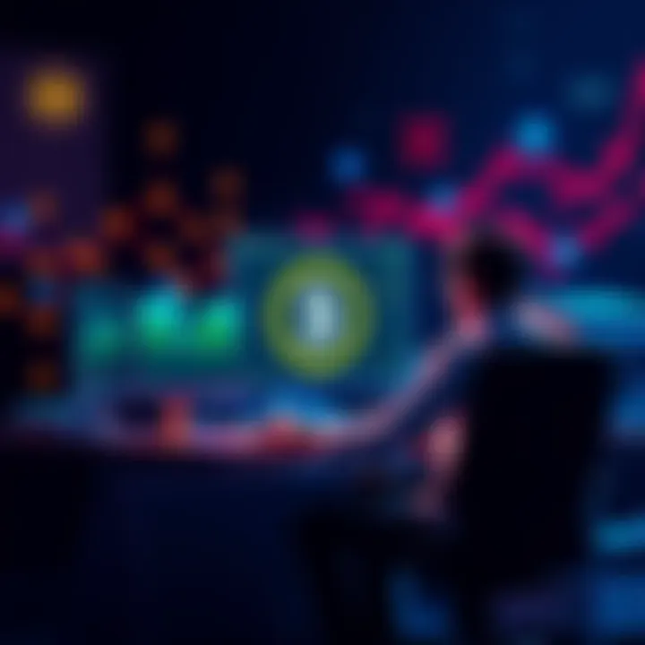 A person sitting at a computer, working on creating a new token on the XRPL with graphical elements of blockchain technology in the background.