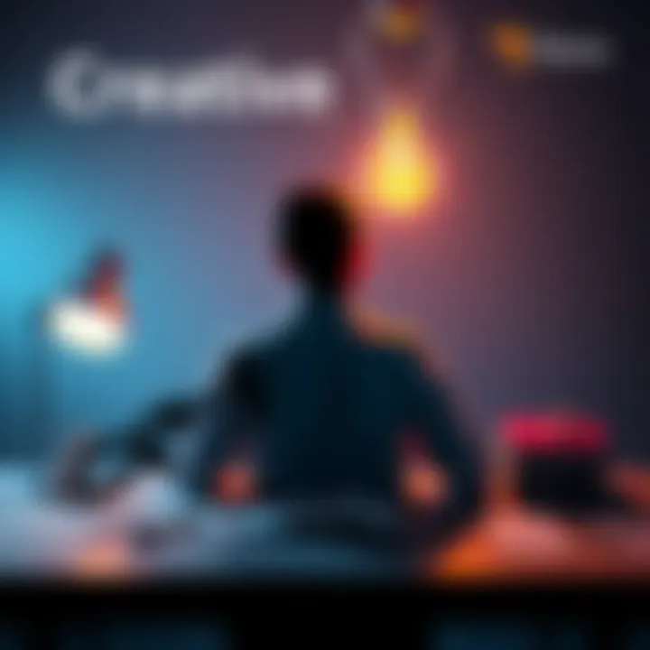 A person sitting at a desk with a light bulb above their head, symbolizing a sudden idea or inspiration, surrounded by sketches and notes
