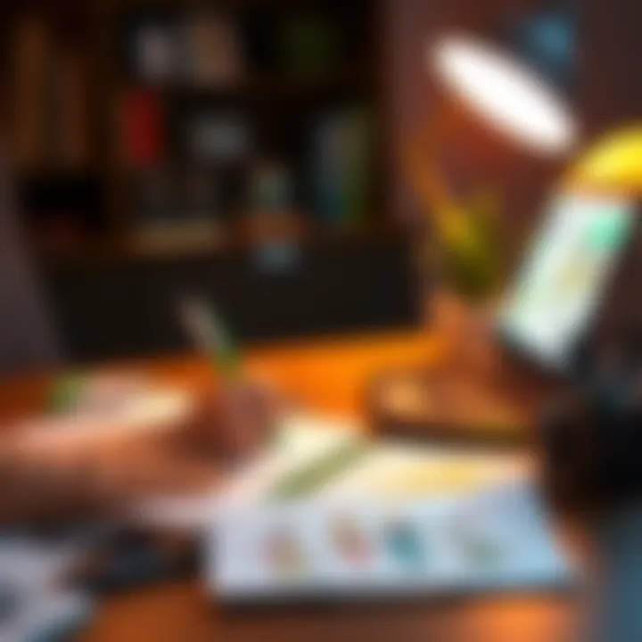 A writer sits at a desk, crafting stories with a laptop and colorful character sketches on paper, surrounded by digital art representing NFTs.